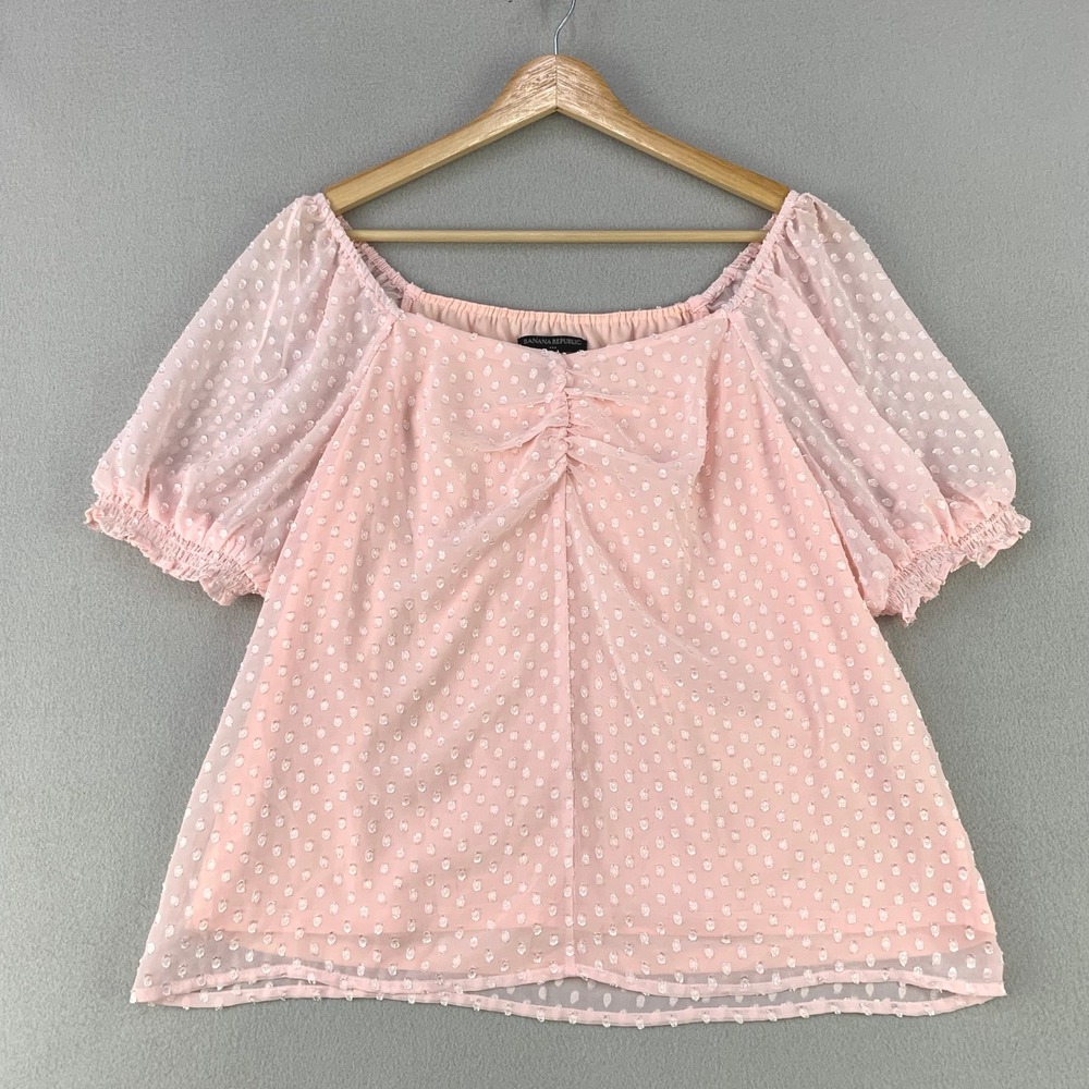Banana Republic Swiss Dot Chiffon Blouse Women M Pink Square Neck Puff Sleeve